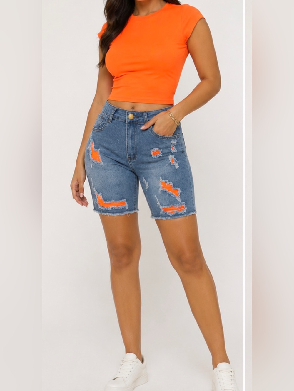 2 in-1 Women’s High-Rise Distressed Denim Shorts with Orange Tights. NWOT.